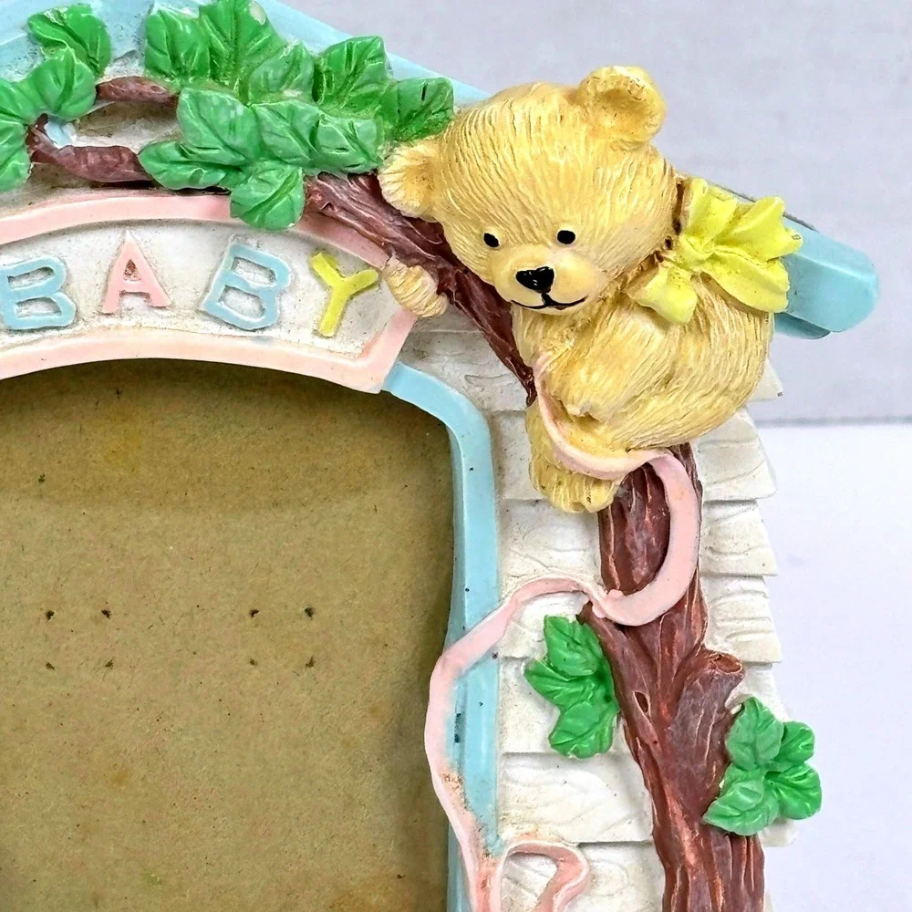 Vtg 90s Baby TeddyBear Photo Frame 3D Resin Nursery Decor Whimsical Keepsake